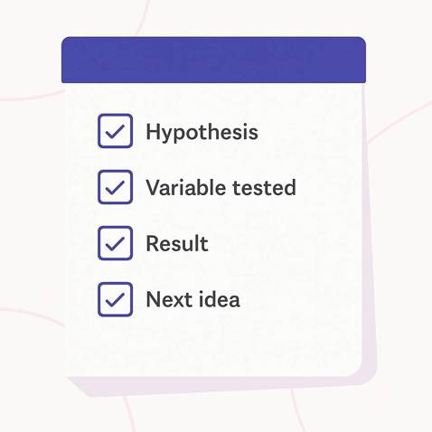 Illustration of a notepad with a checklist for A/B test documentation, including hypothesis, variable tested, result, and next idea.