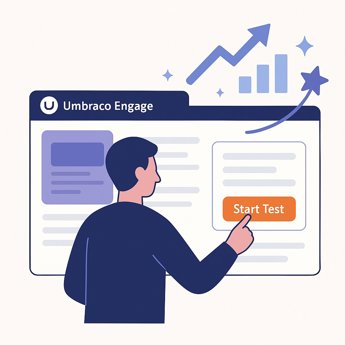 Illustration of a person starting an A/B test in a CMS interface, with growth symbols like arrows and stars emerging from the screen.