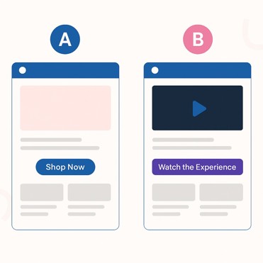Two webpage mockups side by side. Version A shows a static banner with 'Shop Now'; Version B features a video banner with 'Watch the Experience'.